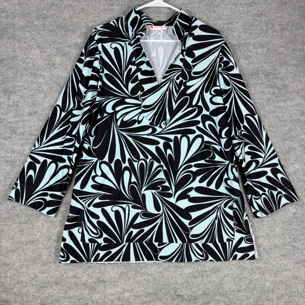 Jude Connally Size-XL Womens Tunic Top Black Blue Abstract Print V-Neck